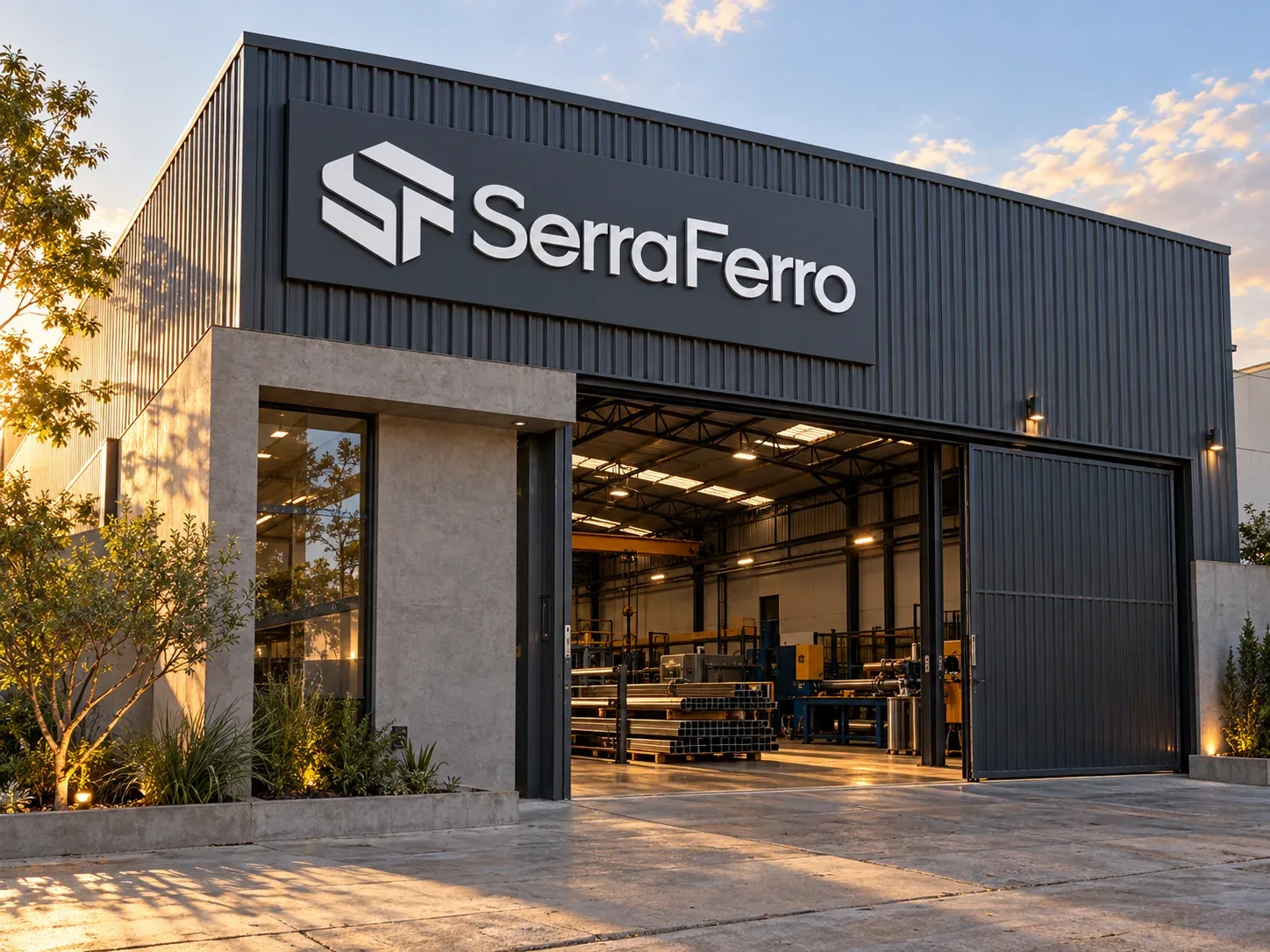 Conceito visual de fachada industrial com a marca Serra Ferro e oficina de serralheria ao fundo