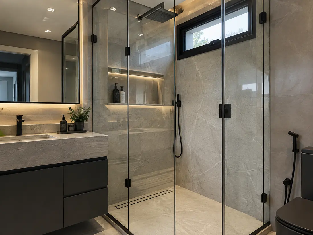 Box em vidro transparente com ferragens discretas